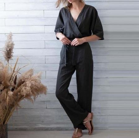 Casual V-Neck Belted Jumpsuit - DUVAL