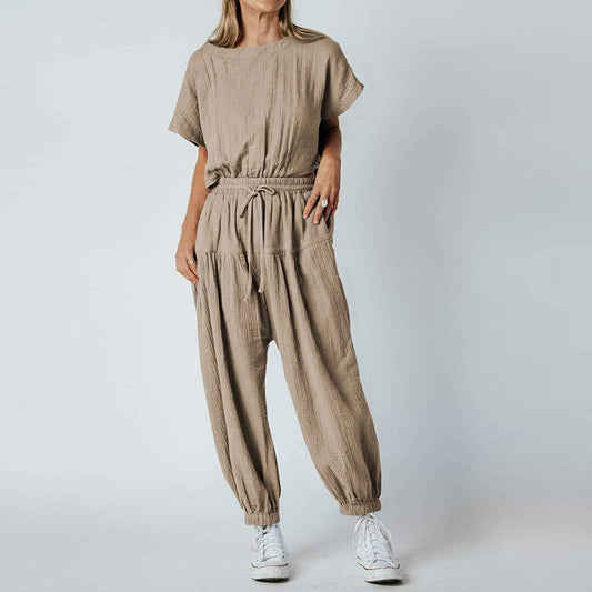 Pleated Loose Button Slit Jumpsuit - DUVAL