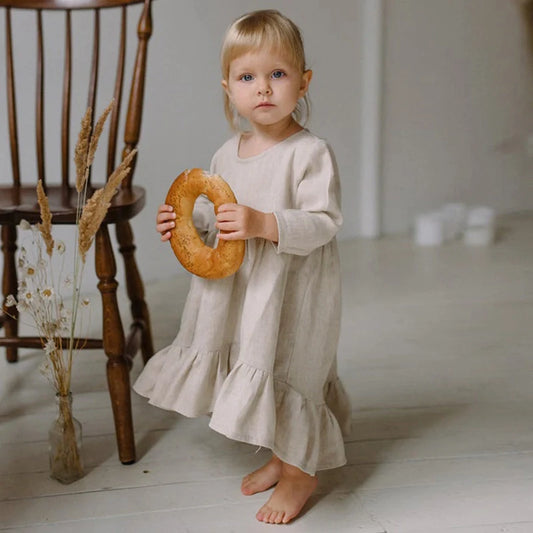 Irregular cotton linen ruffled dress