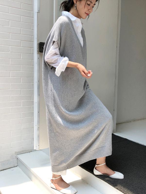 Knitting Loose V-Neck Sleeveless Long Dress