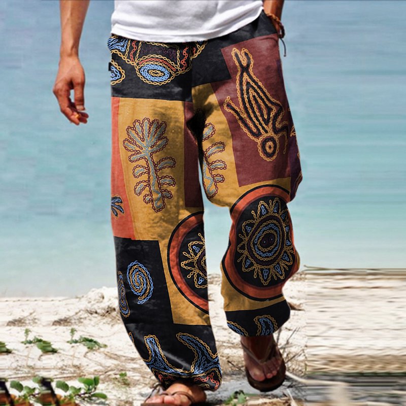 Men's Linen Western Ethnic Irregular Boho Print Double Pocket Stretch Loose Pants - DUVAL