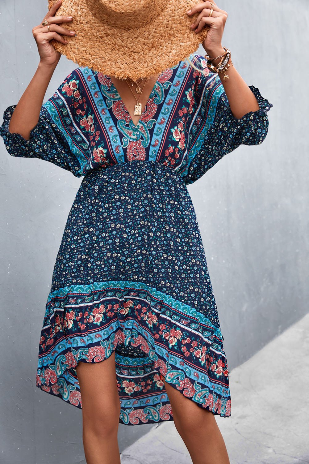 Floral Printed Bohemian V Neck Dress - DUVAL