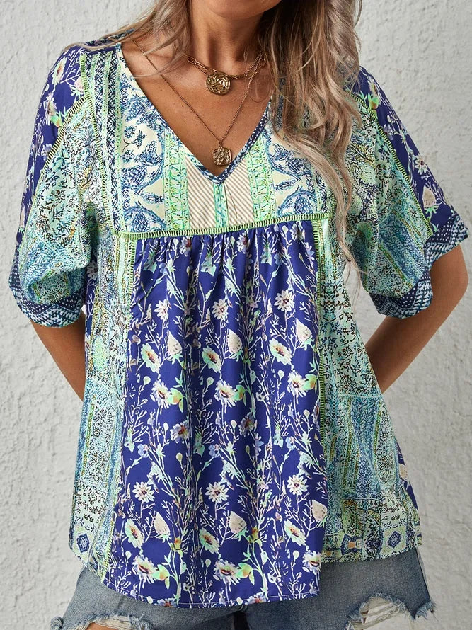 Plus Size Boho Casual Short Sleeve Tops - DUVAL