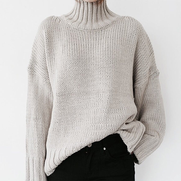 Turtleneck Long-Sleeved Solid Color Knitted Pullover Sweater