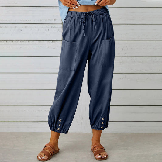 High Waist Buttoned Linen Trousers