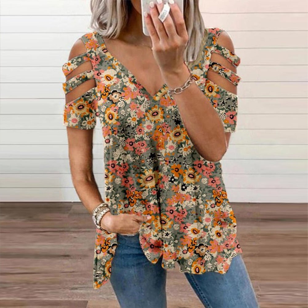 Happy 90s Retro Flower Garden Caged Sleeve Top - DUVAL