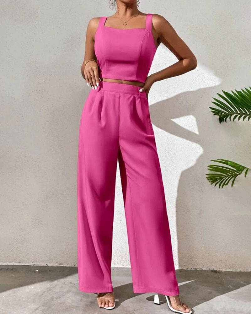 Sleeveless suspender top wide leg pants set