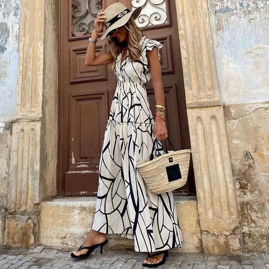 Geometric Print V-neck Maxi Dress