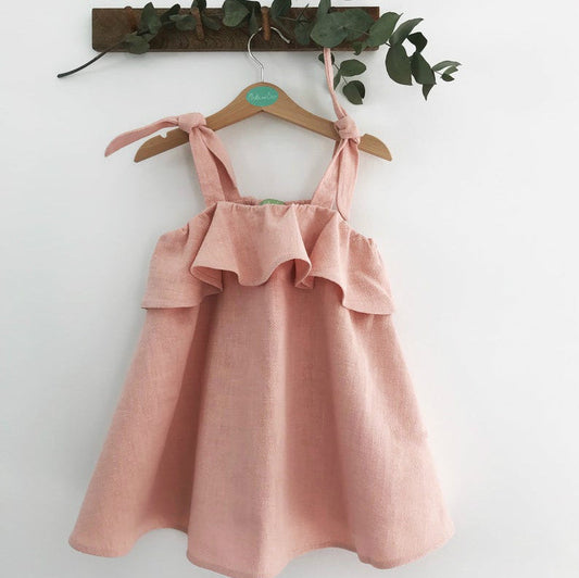 Girls Cotton Linen Suspender Ruffle Pleated Dress