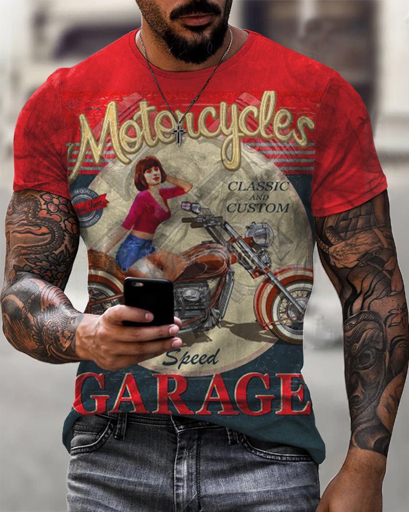 Men's Printed Motorcycle Casual Short Sleeve T-Shirt - DUVAL