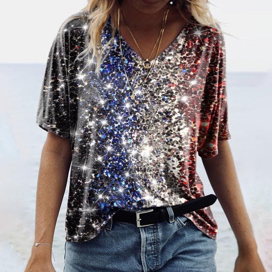 American Flag Sequin Print Loose V-Neck - DUVAL