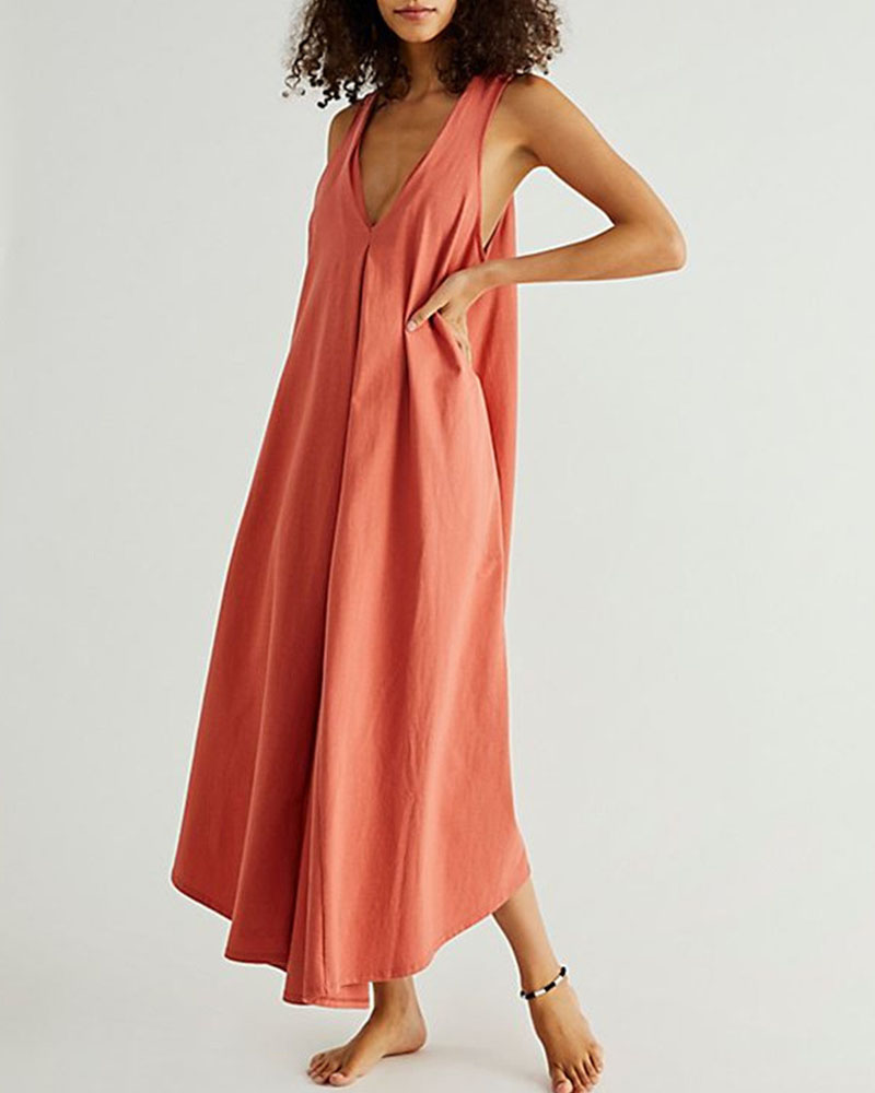 Summer Double Pocket Sleeveless Maxi Dress