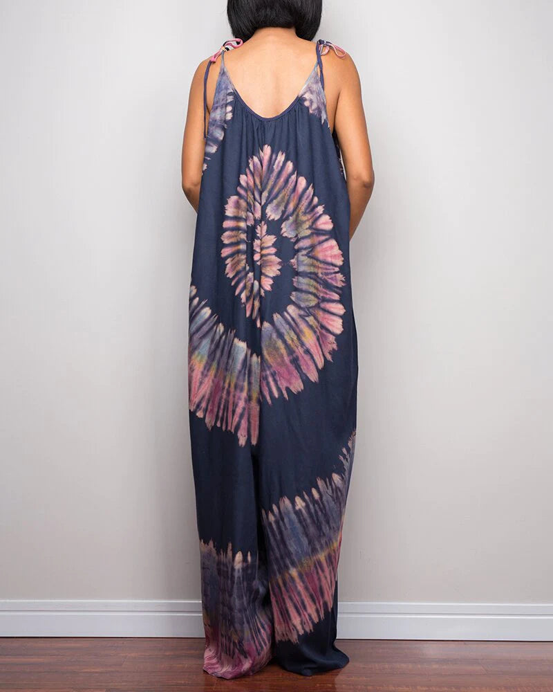 Tie-dye Printed Wide-leg Lace-up Loose Jumpsuit