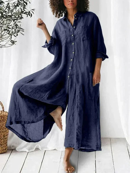 Solid Color Long-Sleeved Loose Wide-Leg Jumpsuit