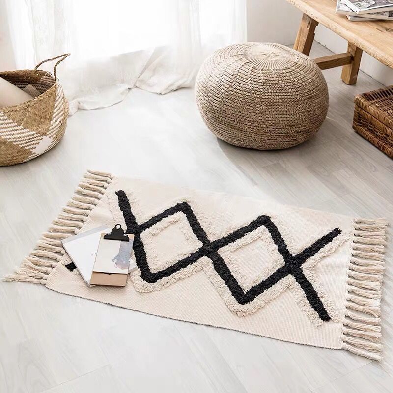 Cotton fringed floor mat simple bedroom tufted foot mat