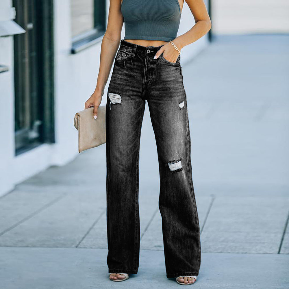 Casual temperament ripped denim wide-leg pants