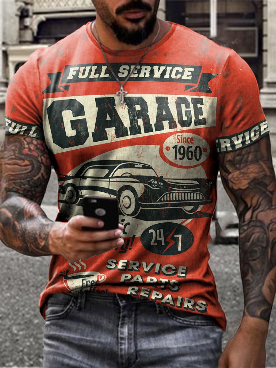 Retro service area car repair print T-shirt - DUVAL