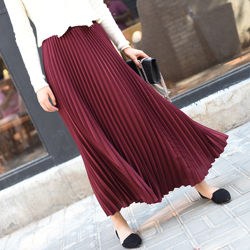 High waist elastic waist pleated skirt