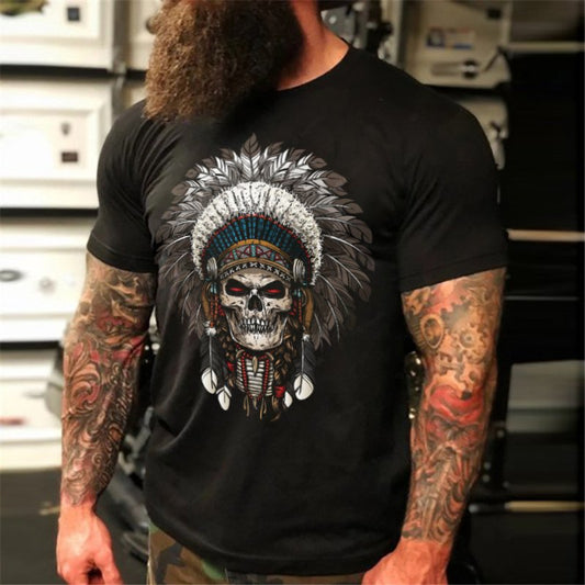 Skull Indian Men's Short Sleeve Style Head Dark Biker T-Shirt - DUVAL