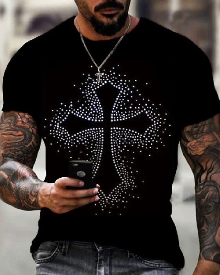 Men's Stylish Casual Black Rhinestone T-Shirt - DUVAL