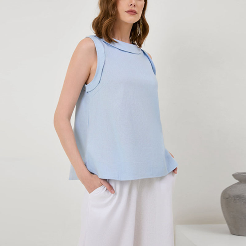 Women's lapel collar sleeveless cotton linen shirt