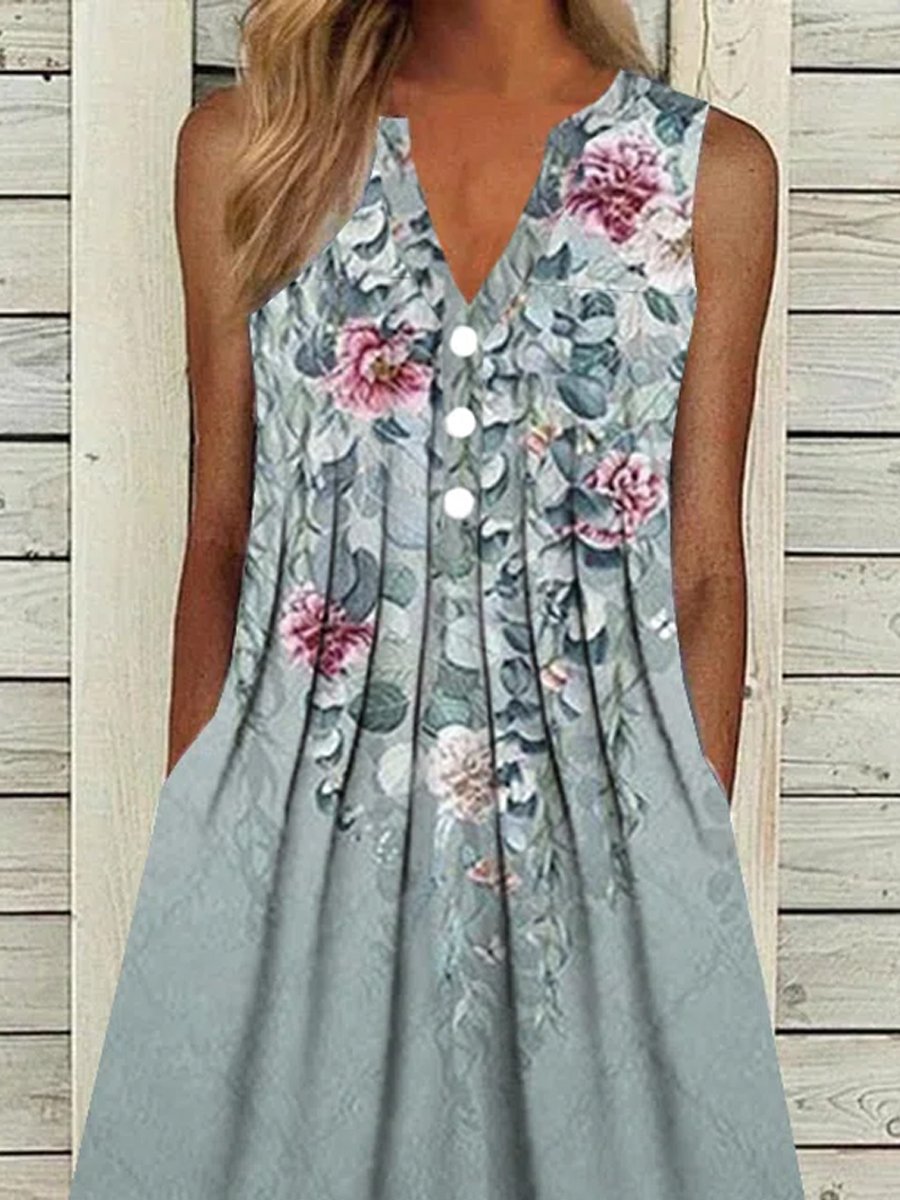 Casual Vintage Floral Print V-Neck Sleeveless Midi Dress - DUVAL