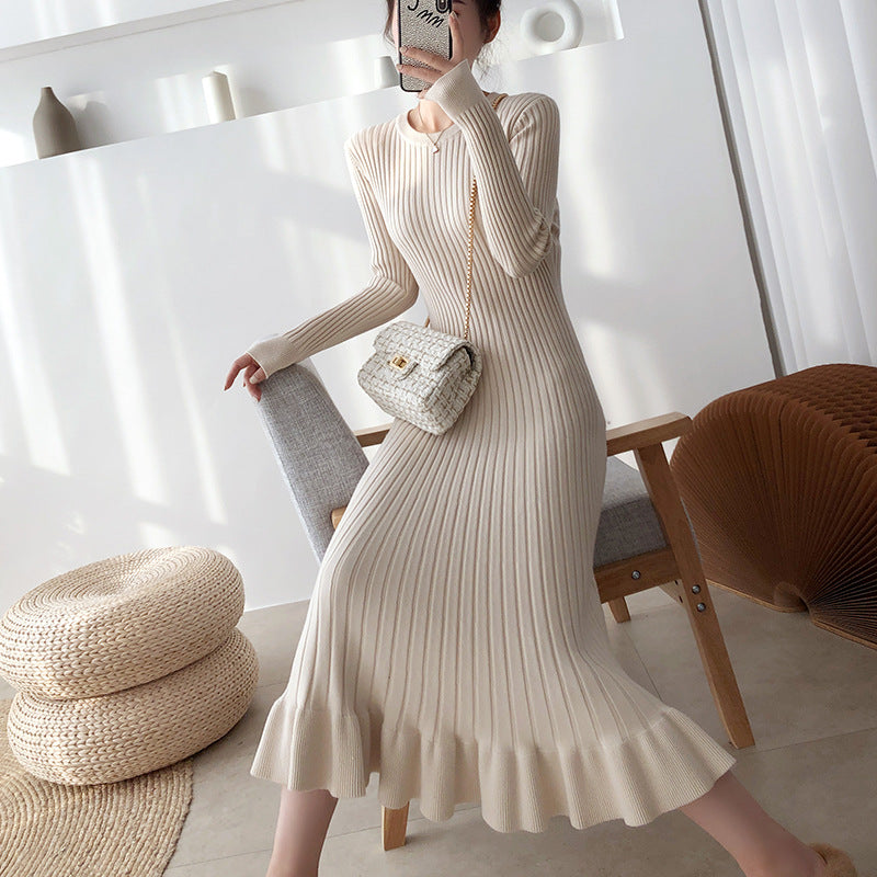 Flanged fishtail skirt slim body wrap buttock knit sweater dress