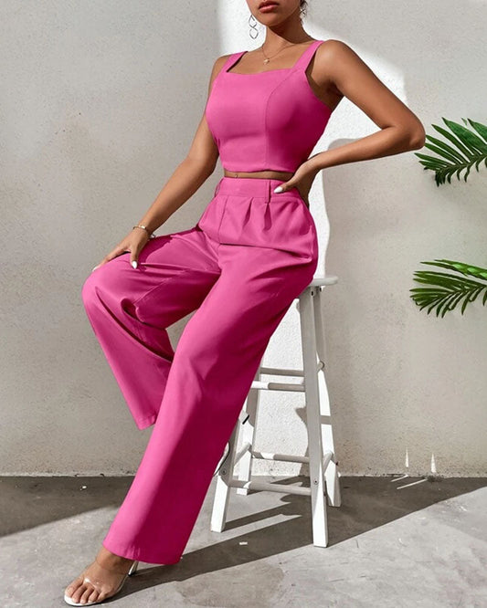 Sleeveless suspender top wide leg pants set