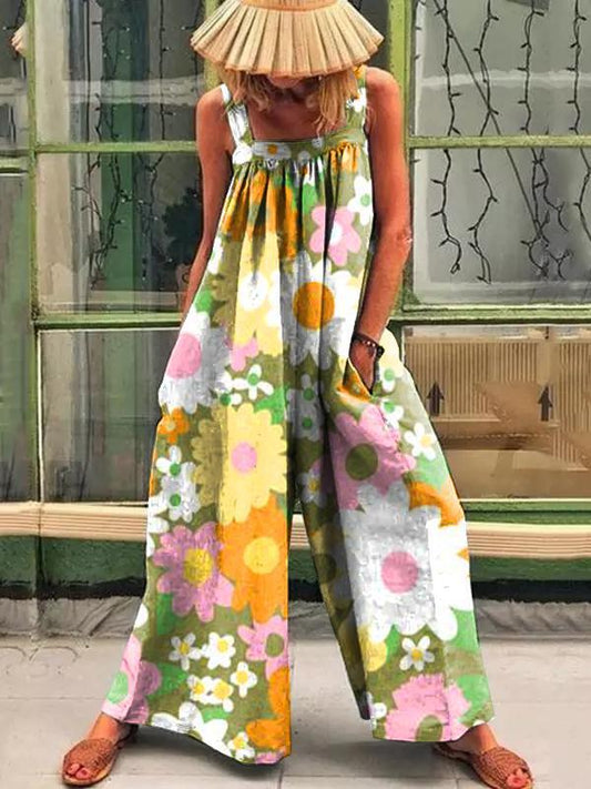 Spring Retro Flower Prints Jumpsuit