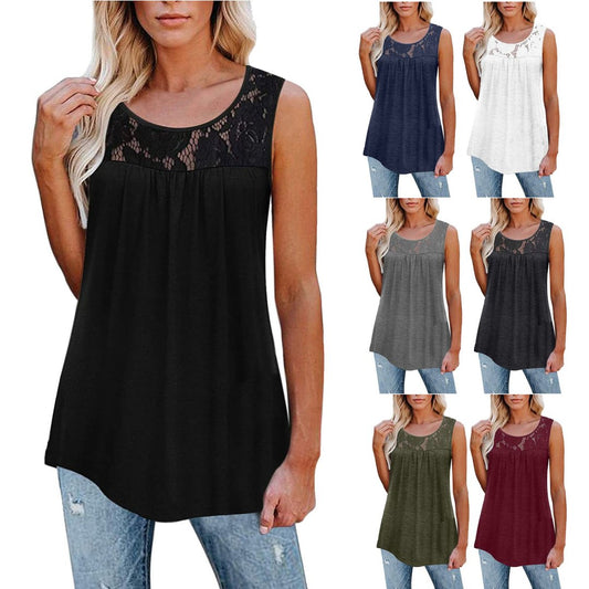 Women Summer Lace Pleated Flowy Tank Tops - DUVAL