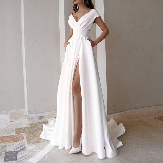 V-neck white mopping dress