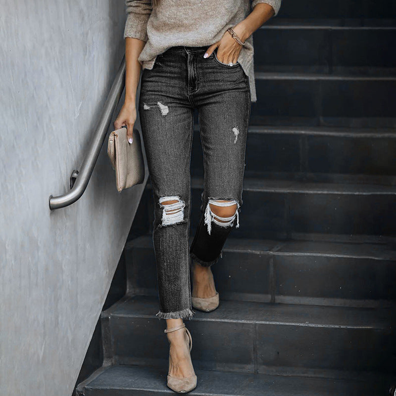 women's ripped fringed straight jeans