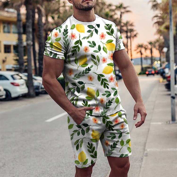 Men's White Lemon Print Round Collar Short Sleeve Suit - DUVAL