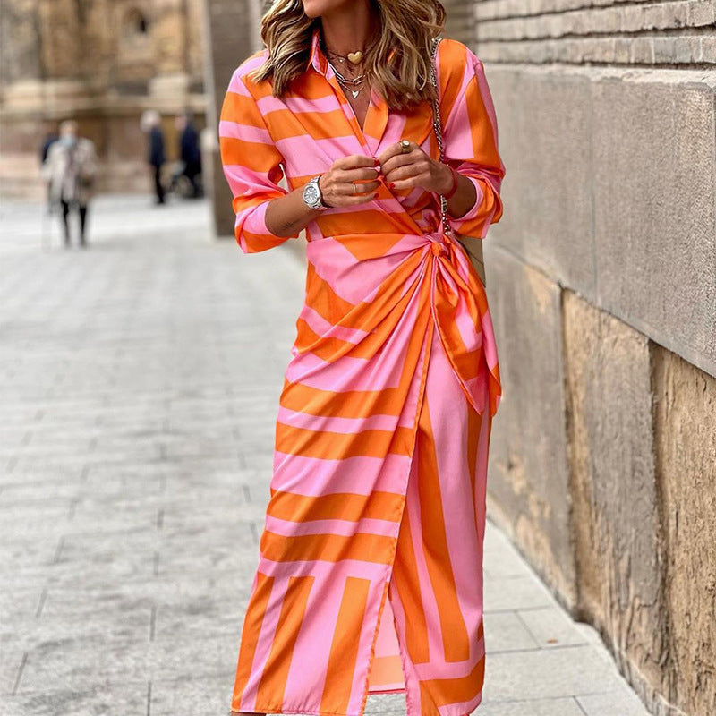 Sexy cardigan lace-up striped dress