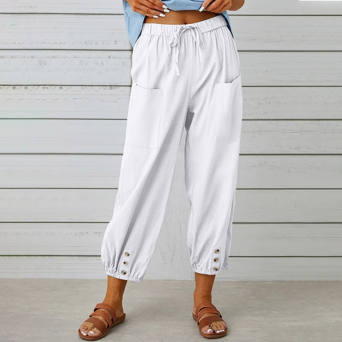 High Waist Buttoned Linen Trousers