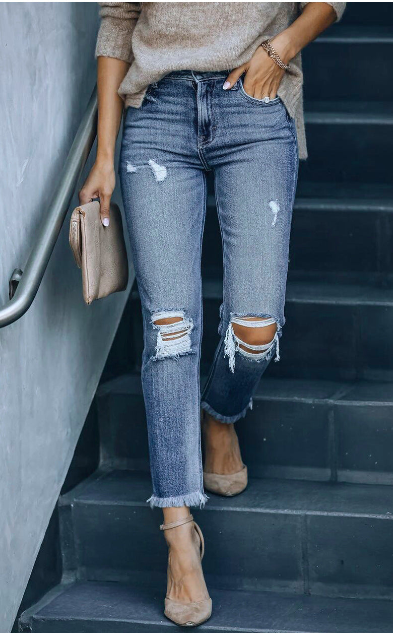 women's ripped fringed straight jeans