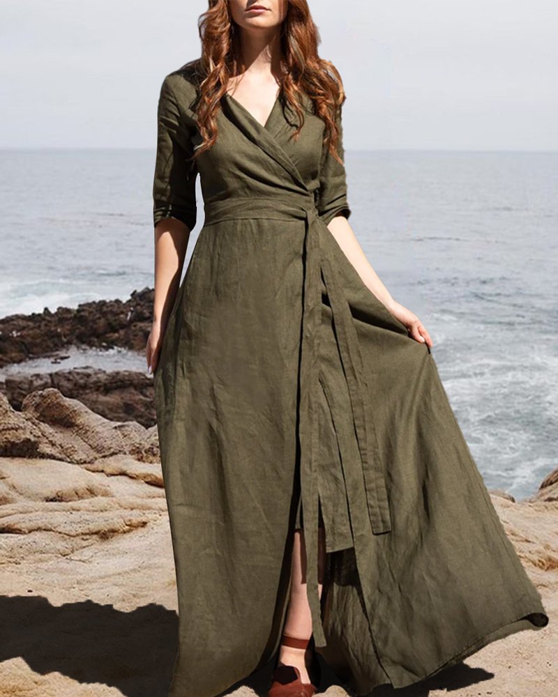 Casual Lapel Linen Maxi Dress - DUVAL