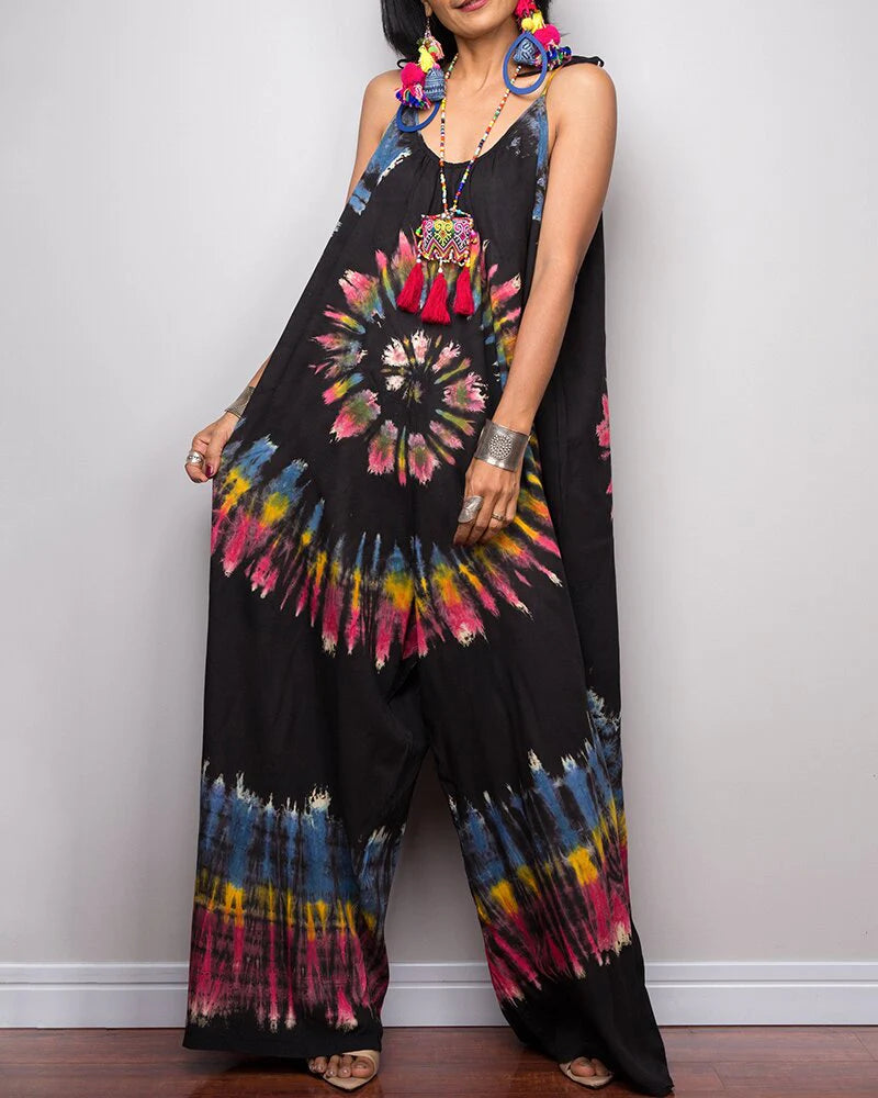 Tie-dye Printed Wide-leg Lace-up Loose Jumpsuit