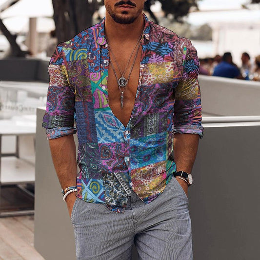 Retro Mens Holiday Ethnic Style Stitching Printed Shirt - DUVAL