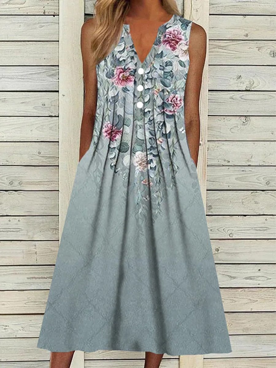 Casual Vintage Floral Print V-Neck Sleeveless Midi Dress - DUVAL