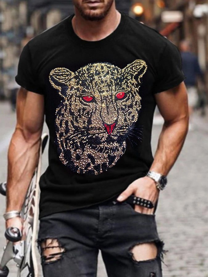 Men's Stylish Casual Black Rhinestone T-Shirt - DUVAL