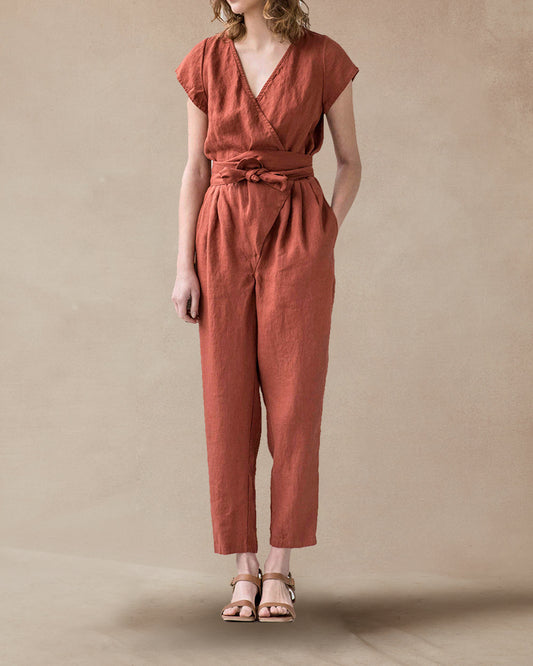 Casual Cozy Linen Wrap Jumpsuit - DUVAL