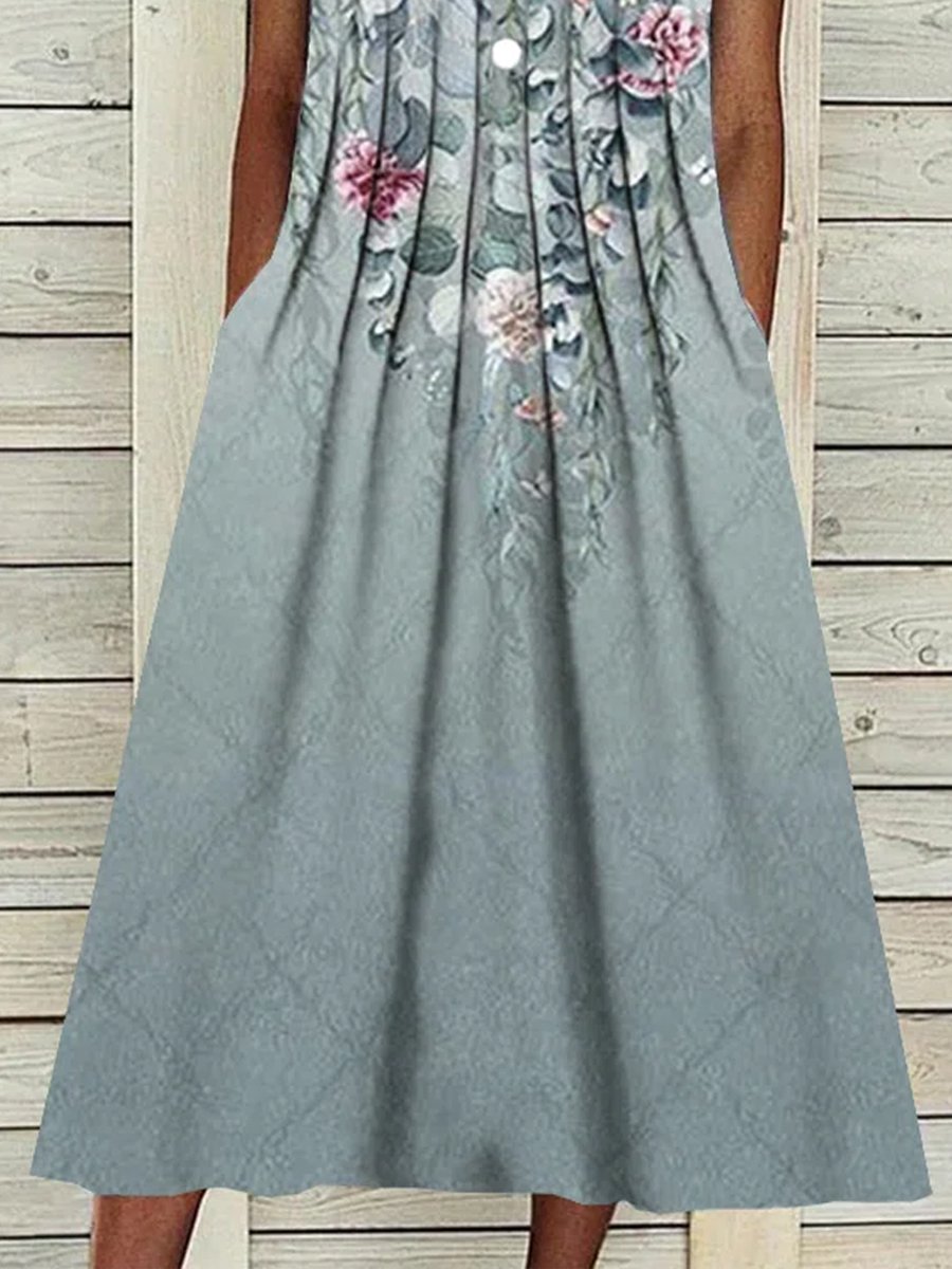 Casual Vintage Floral Print V-Neck Sleeveless Midi Dress - DUVAL