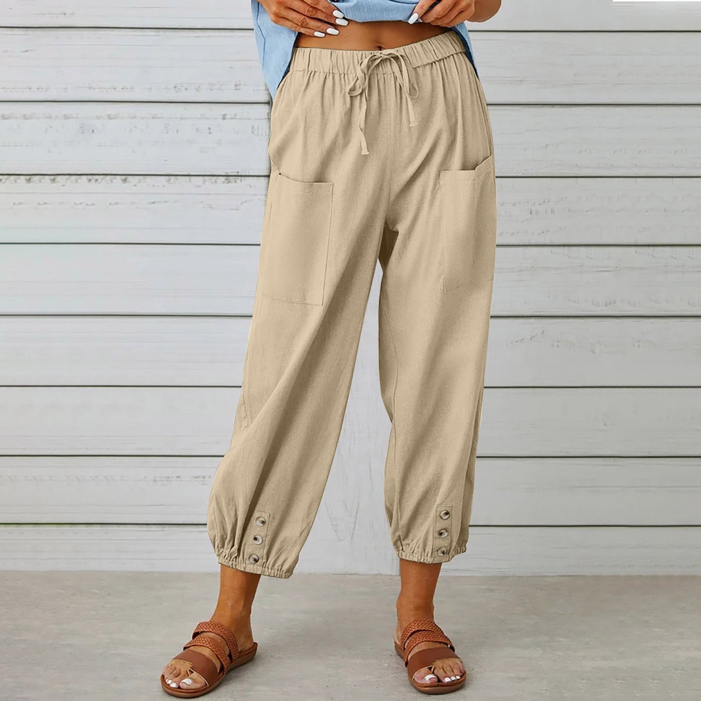 High Waist Buttoned Linen Trousers