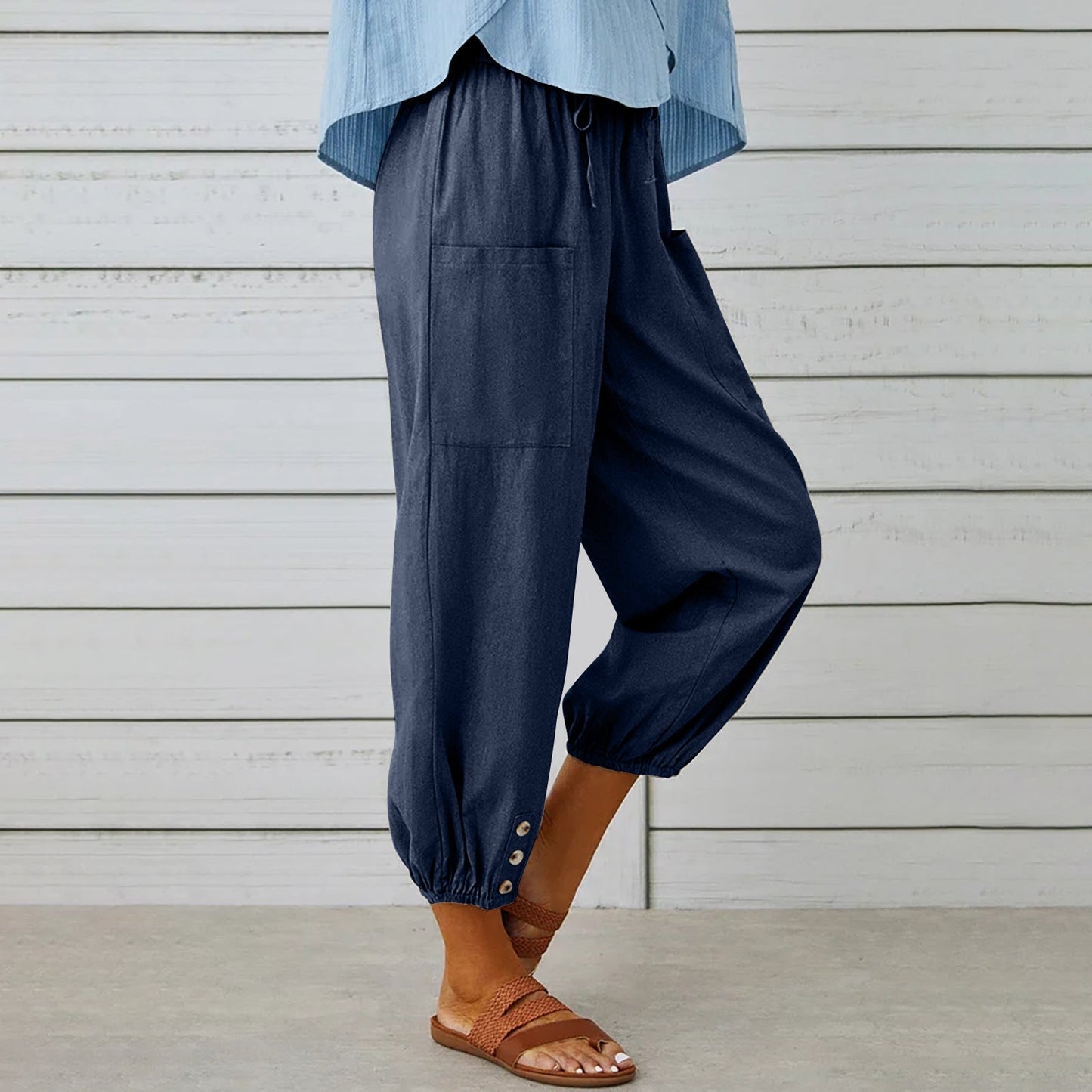 High Waist Buttoned Linen Trousers