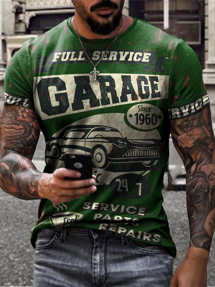 Retro service area car repair print T-shirt - DUVAL