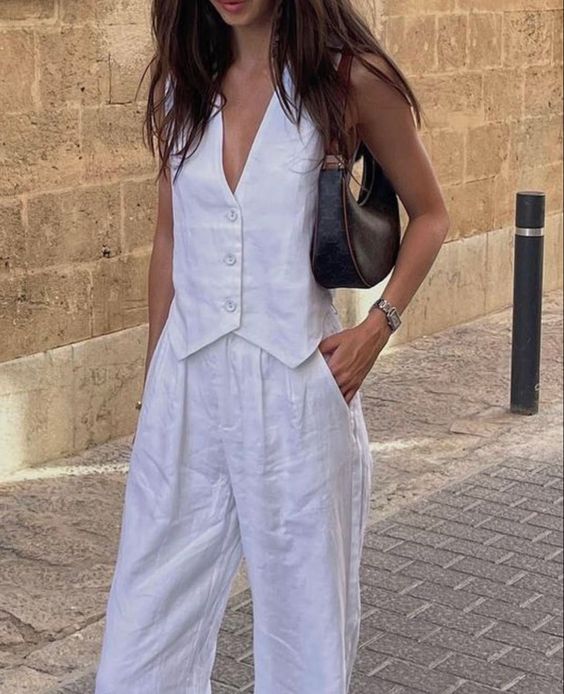 Chic Wide Leg Pants V-Neck Vest Suit