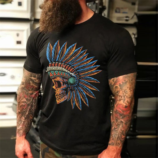 Skull Indian Style Head Dark Biker Men's Short Sleeve T-Shirt - DUVAL