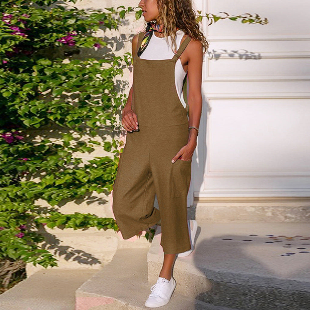 Cotton Linen Casual Loose Suspender Jumpsuit