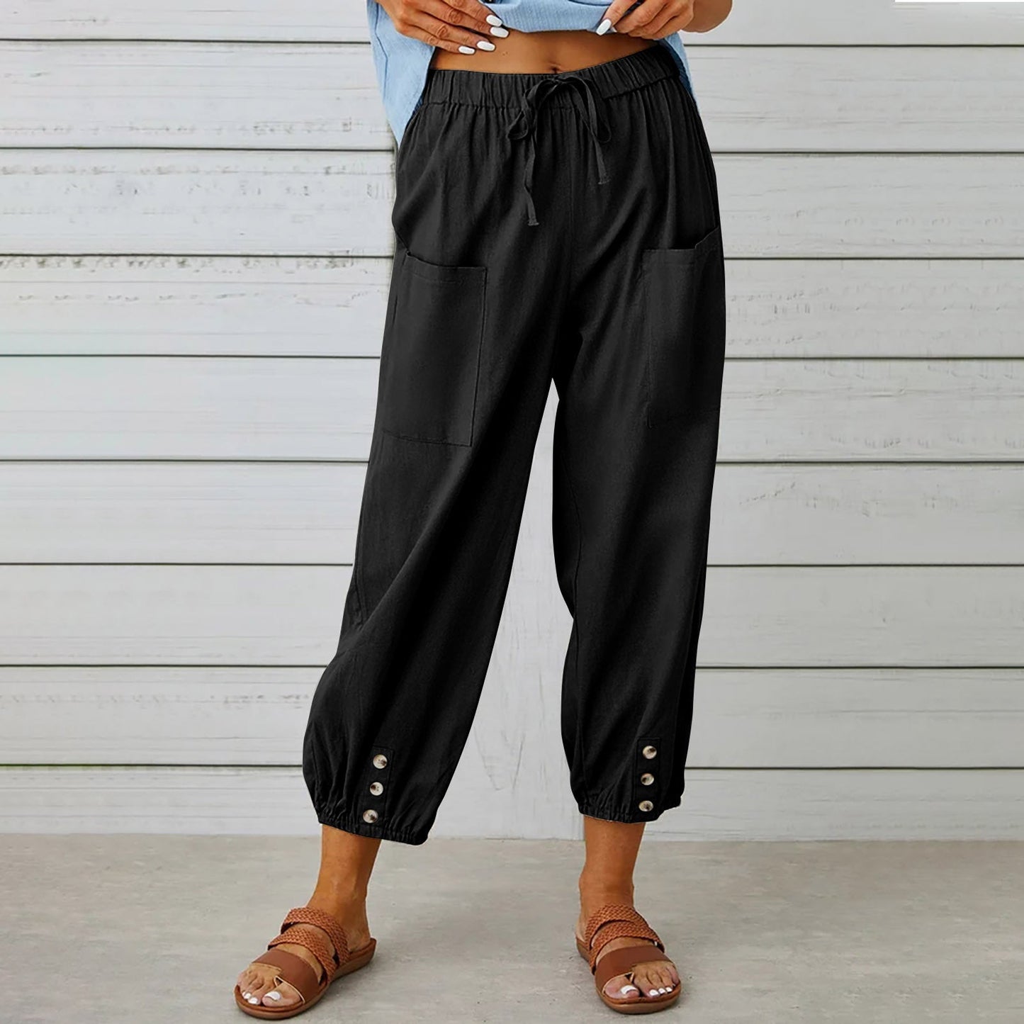 High Waist Buttoned Linen Trousers